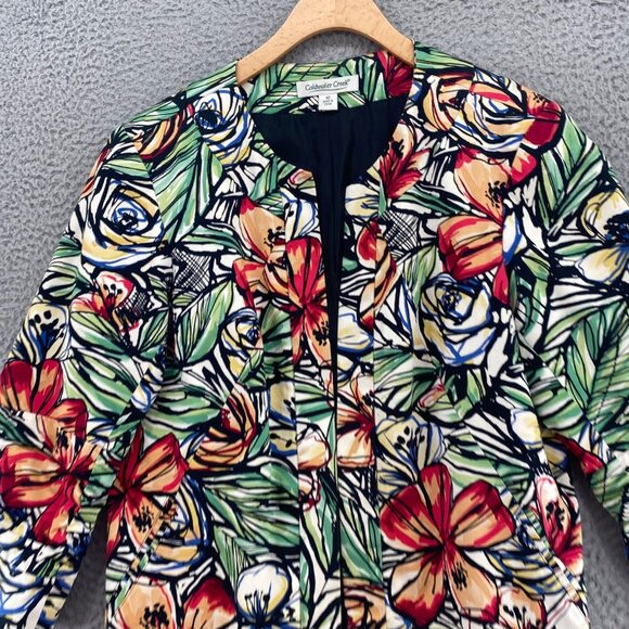 Coldwater Creek Jacket Womens 10 Green Multi Floral Pockets Ruched 3/4 Sleeves - Picture 2 of 10
